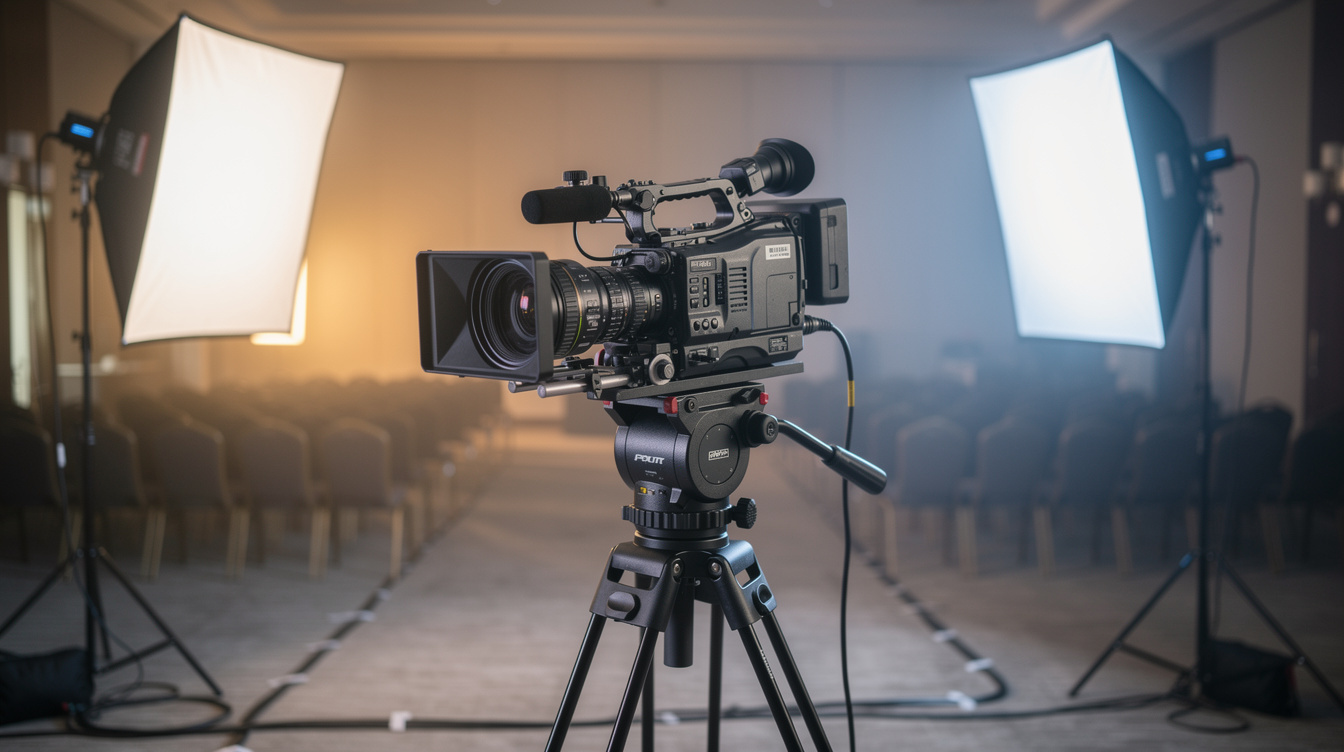 Professional broadcast camera with studio lighting equipment