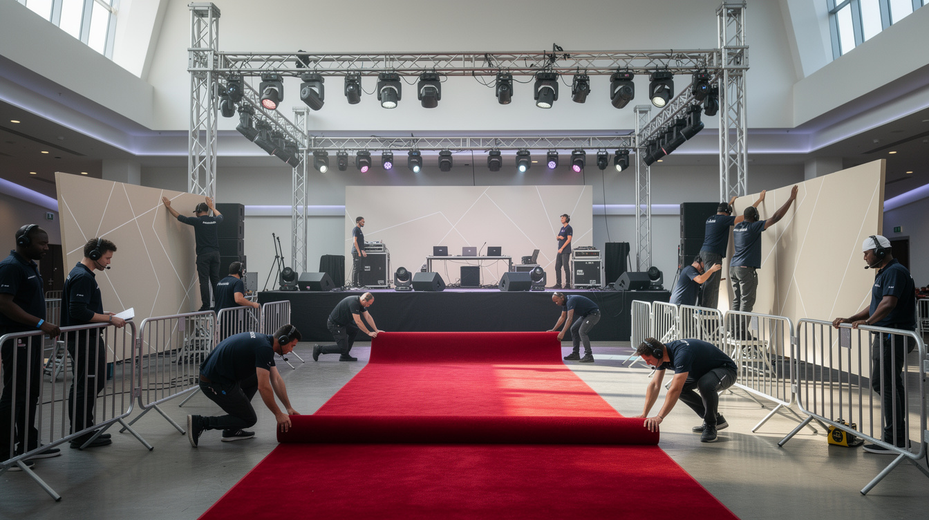 Event production staff organizing a stage layout with barriers and lighting trusses
