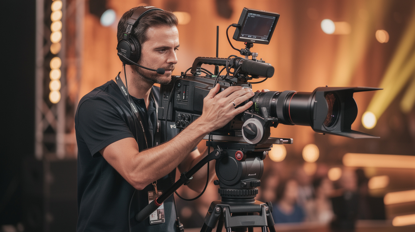 Camera operator adjusting a professional video camera during a live broadcast