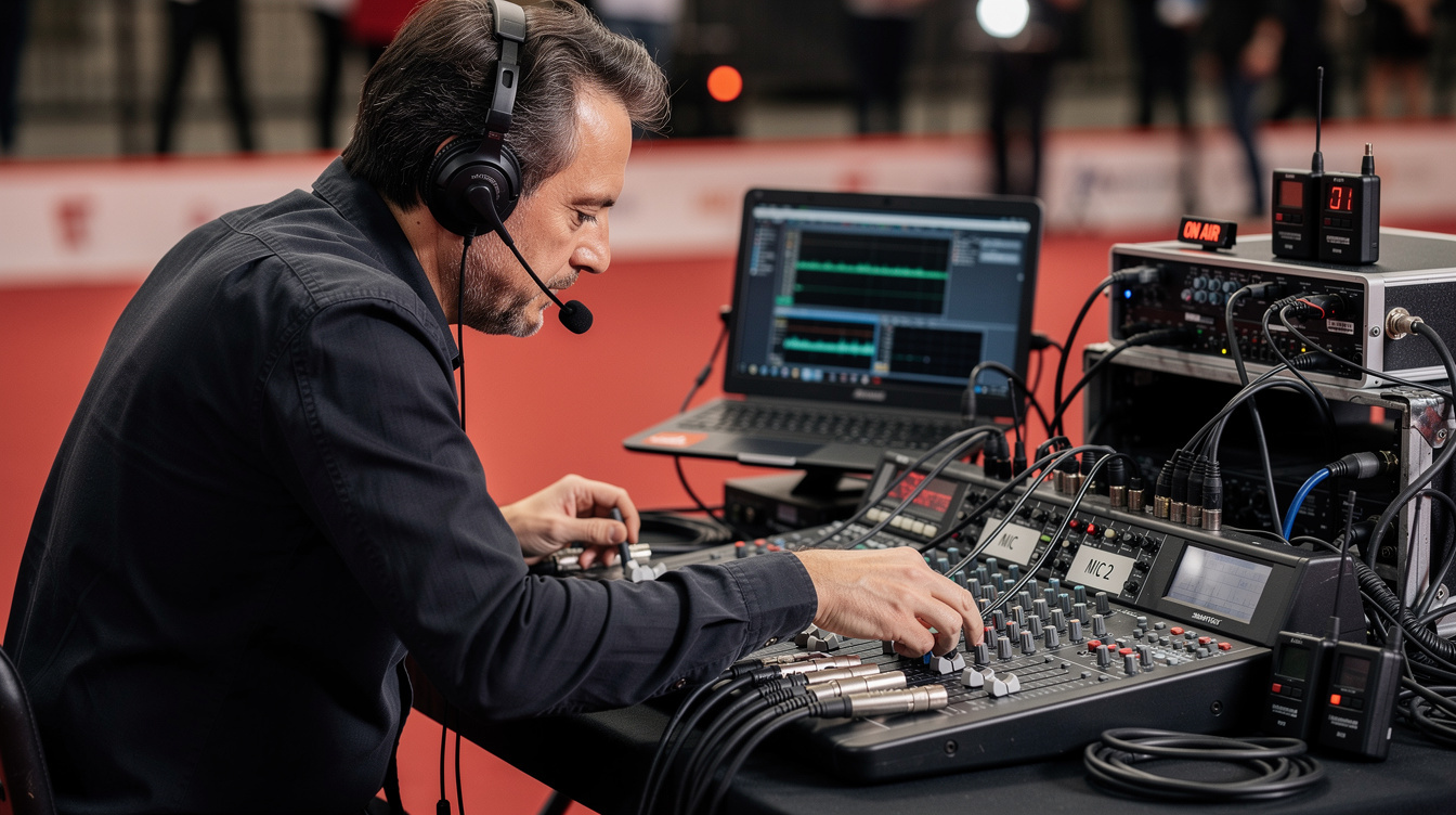 Broadcast technician adjusting a sound and interview mixing board