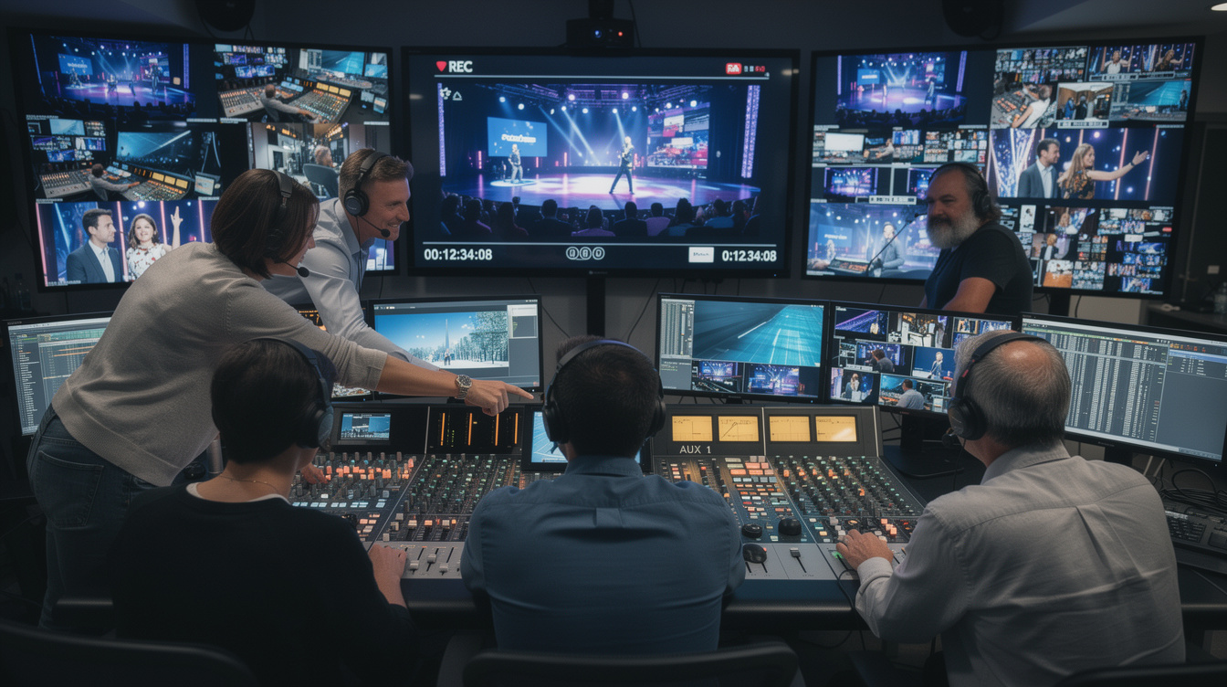 Production crew working together at a control desk during a live event